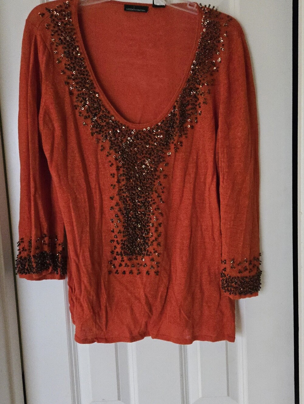 Moda International Orange Scoop Neck Sweater with Sequin Beads Embellishment L